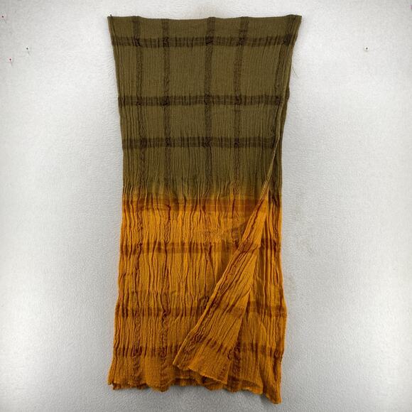 EILEEN FISHER Scarf Wool Crinkle Gauze Ombre Check Wrap Green Orange 18" x 80" - Picture 2 of 10